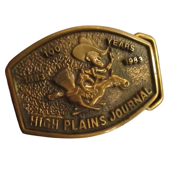 Vtg 1983 100 Yr DODGE CITY KANSAS HIGH PLAINS JOURNAL SOLID BRONZE BELT BUCKLE - Picture 1 of 7